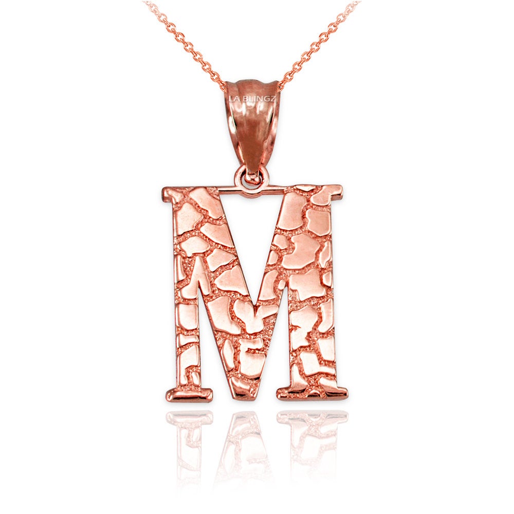 Gold Nugget Alphabet Initial Letter "M" Pendant Necklace (yellow, white, rose gold) Karma Blingz