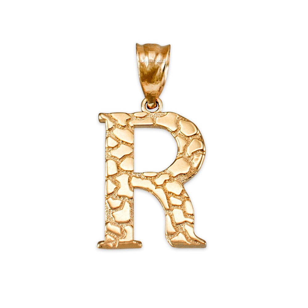 Gold Nugget Alphabet Initial Letter "R" Pendant Necklace (yellow, white, rose gold) Karma Blingz