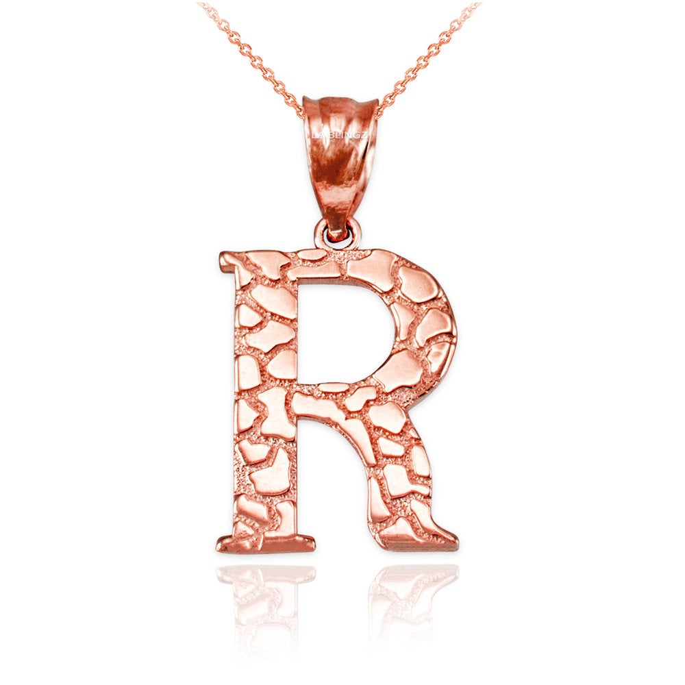 Gold Nugget Alphabet Initial Letter "R" Pendant Necklace (yellow, white, rose gold) Karma Blingz