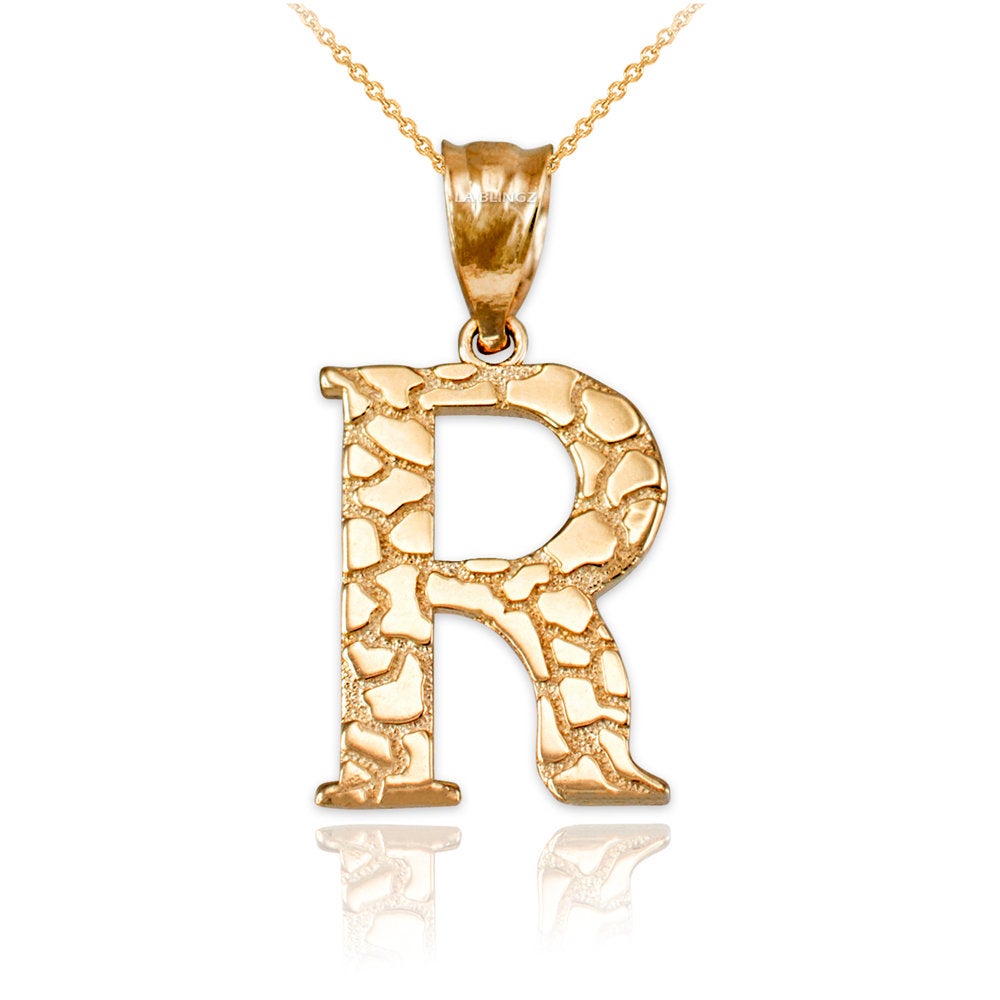Gold Nugget Alphabet Initial Letter "R" Pendant Necklace (yellow, white, rose gold) Karma Blingz