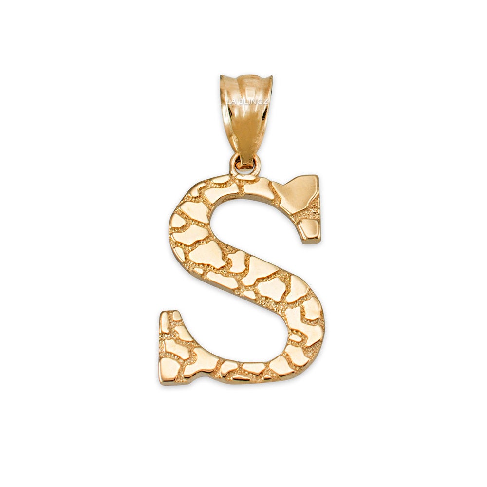 Gold Nugget Alphabet Initial Letter "S" Pendant Necklace (yellow, white, rose gold) Karma Blingz