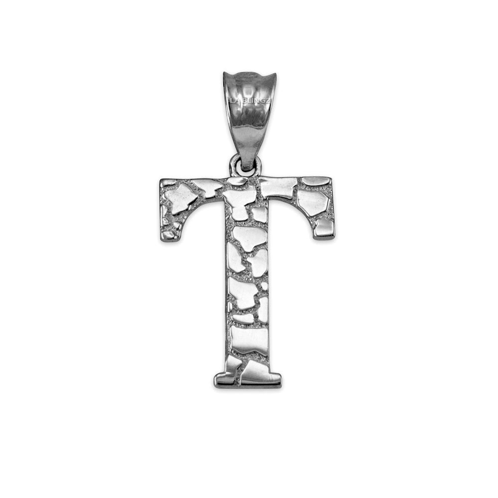 Sterling Silver Nugget Alphabet Initial Letter "T" Pendant Necklace Karma Blingz