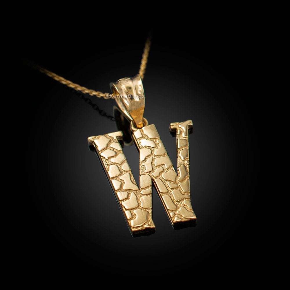 Gold Nugget Alphabet Initial Letter "W" Pendant Necklace (yellow, white, rose gold) Karma Blingz