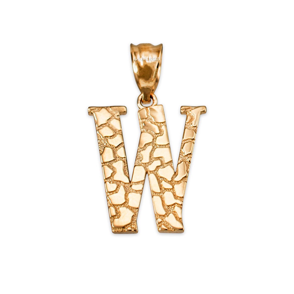 Gold Nugget Alphabet Initial Letter "W" Pendant Necklace (yellow, white, rose gold) Karma Blingz