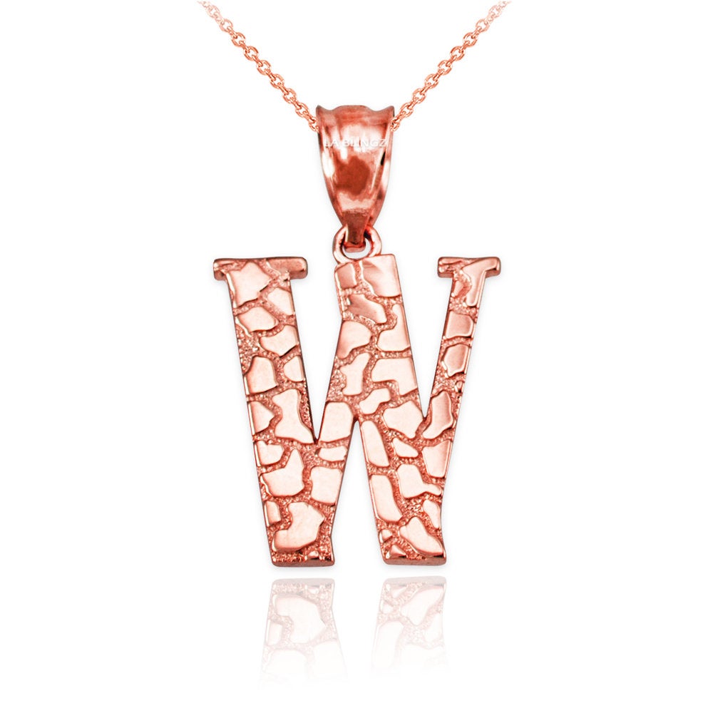 Gold Nugget Alphabet Initial Letter "W" Pendant Necklace (yellow, white, rose gold) Karma Blingz
