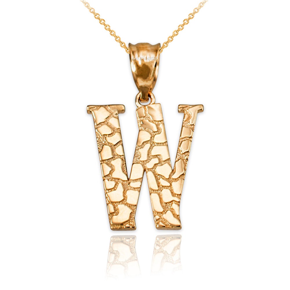 Gold Nugget Alphabet Initial Letter "W" Pendant Necklace (yellow, white, rose gold) Karma Blingz