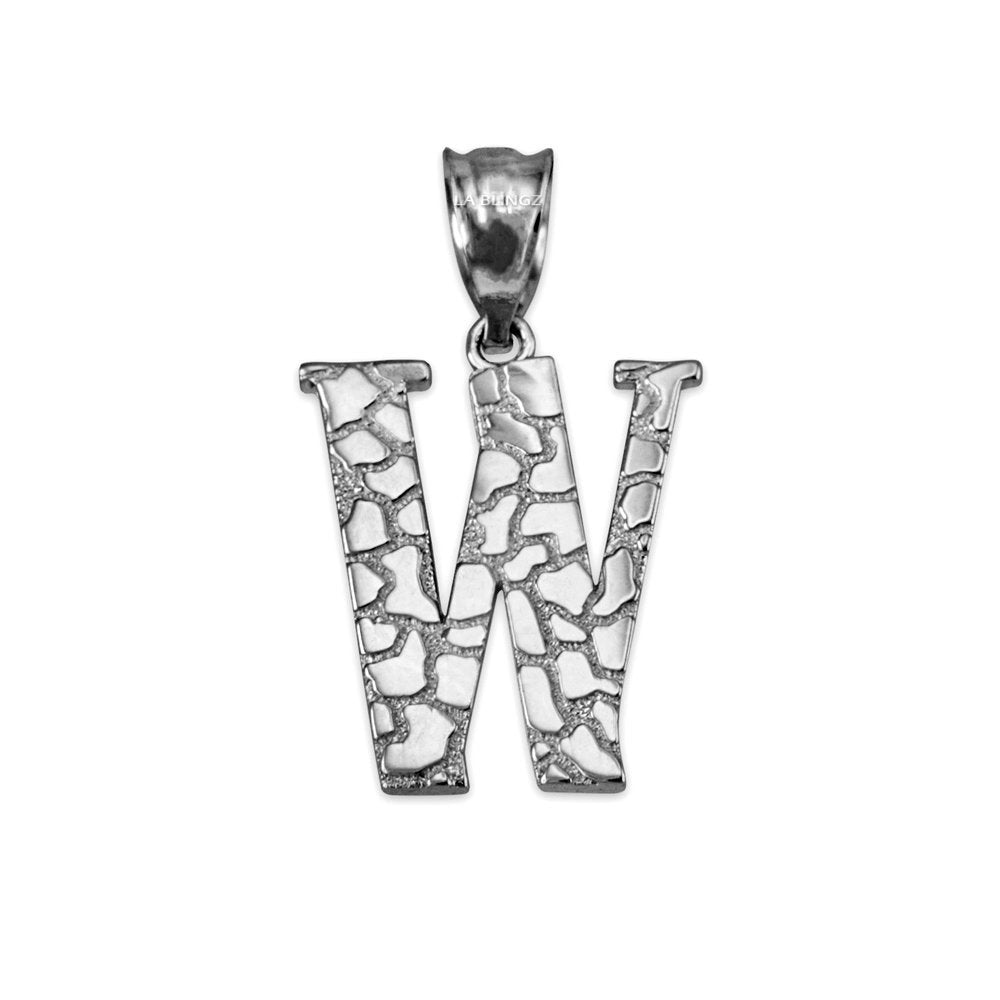 Sterling Silver Nugget Alphabet Initial Letter "W" Pendant Necklace Karma Blingz