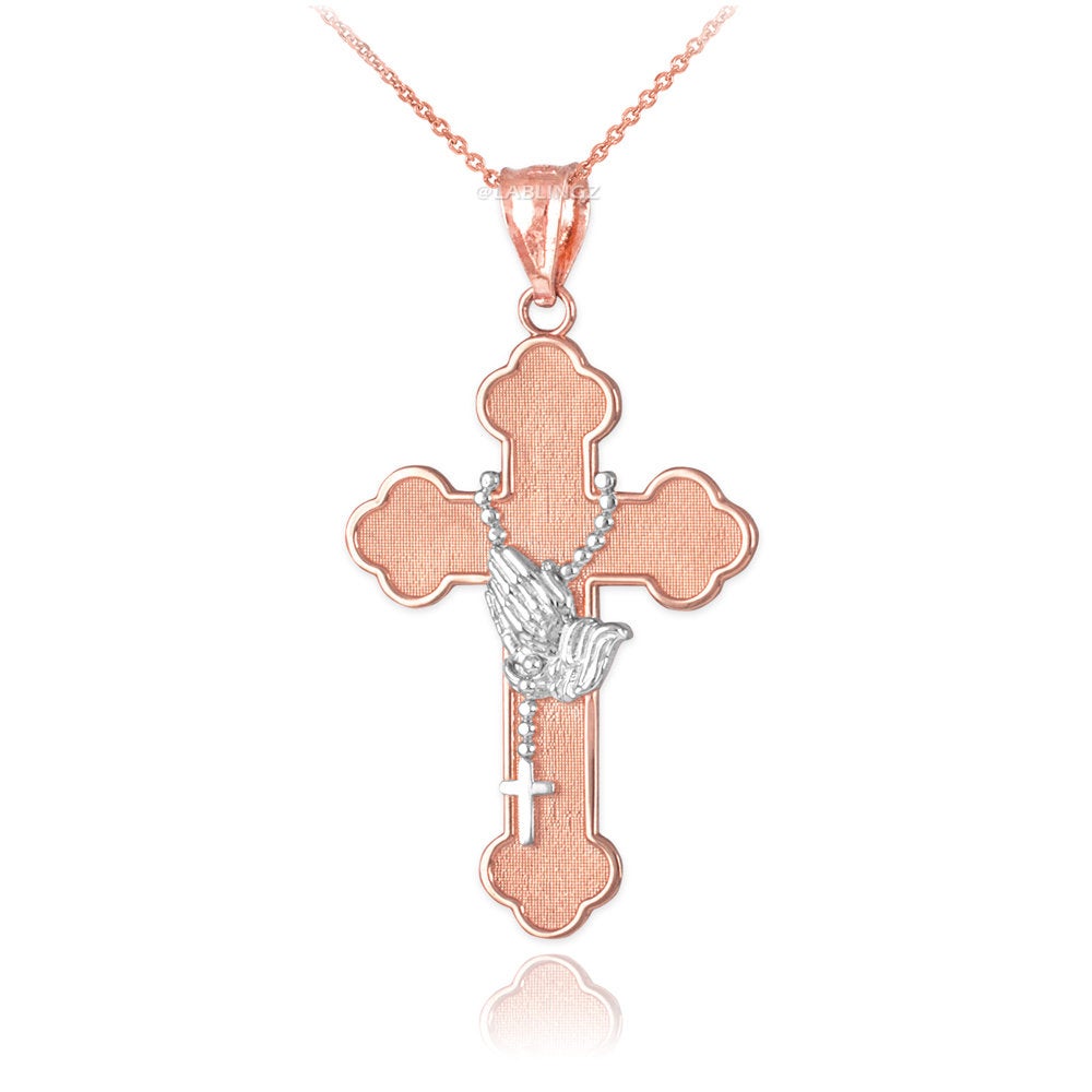 Gold Rosary Cross Prayer Pendant Necklace (10k, 14k, yellow, white, rose gold, two-tone gold) Karma Blingz