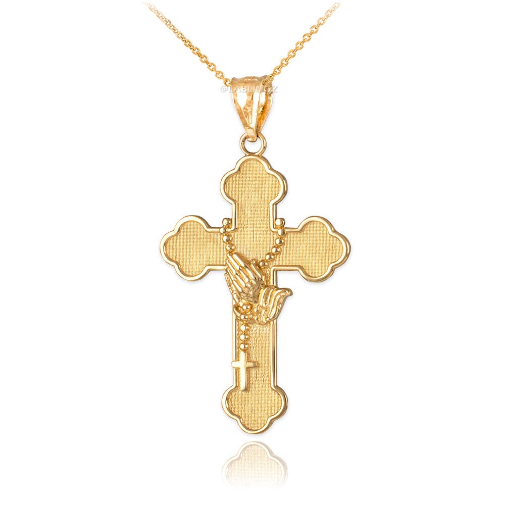 Gold Rosary Cross Prayer Pendant Necklace (10k, 14k, yellow, white, rose gold, two-tone gold) Karma Blingz