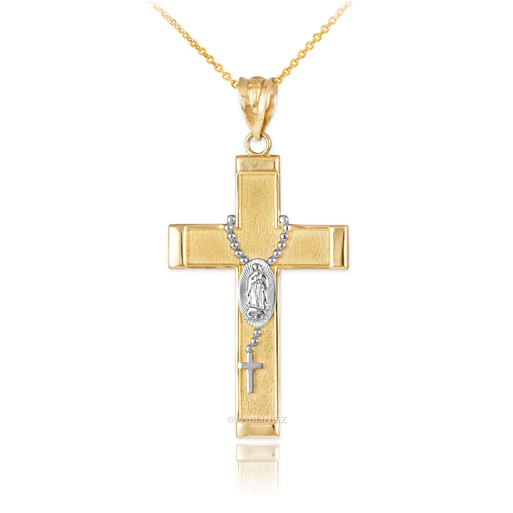 Gold Guadalupe Cross Rosary Pendant Necklace (10k, 14k, yellow, white, rose gold, two-tone gold) Karma Blingz