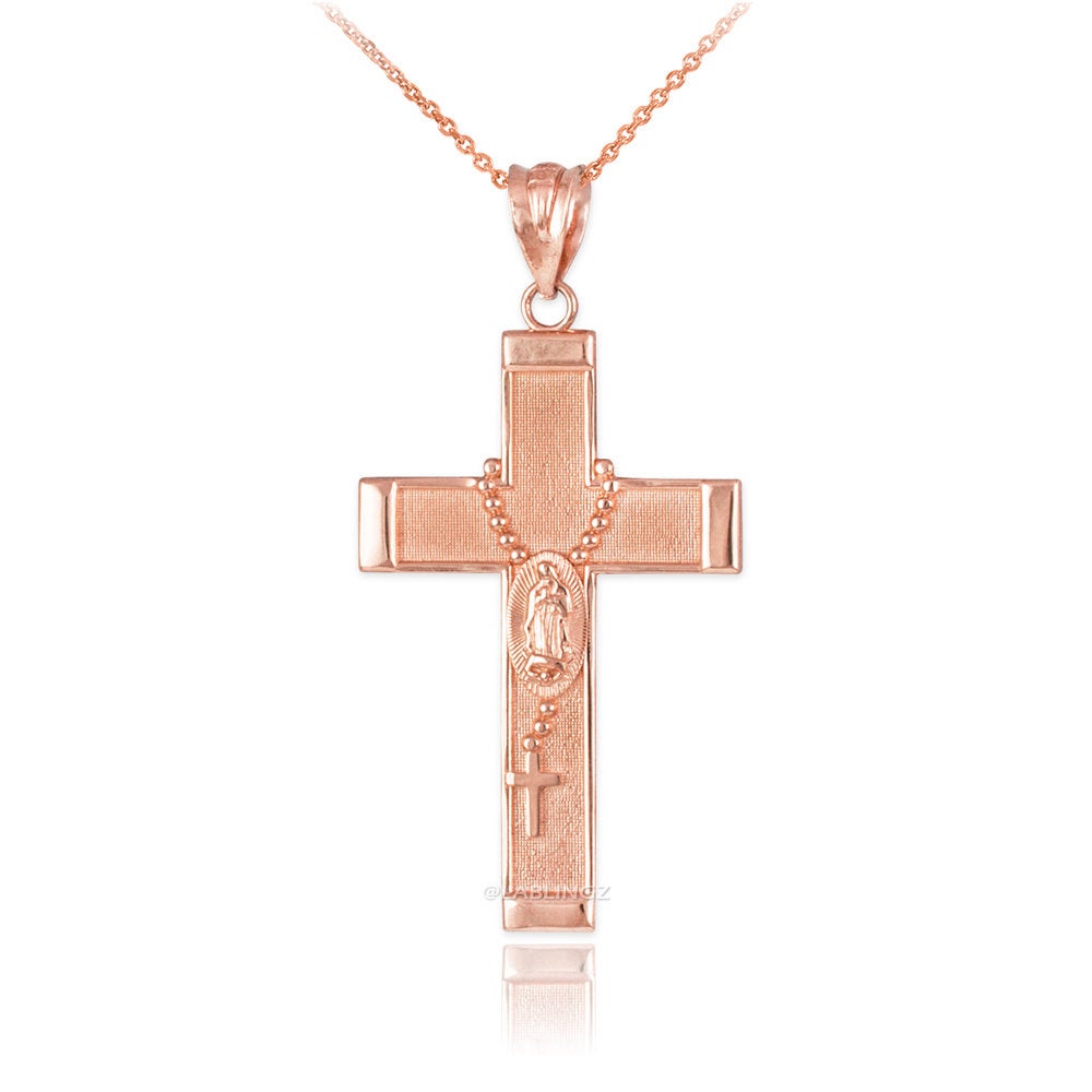Gold Guadalupe Cross Rosary Pendant Necklace (10k, 14k, yellow, white, rose gold, two-tone gold) Karma Blingz