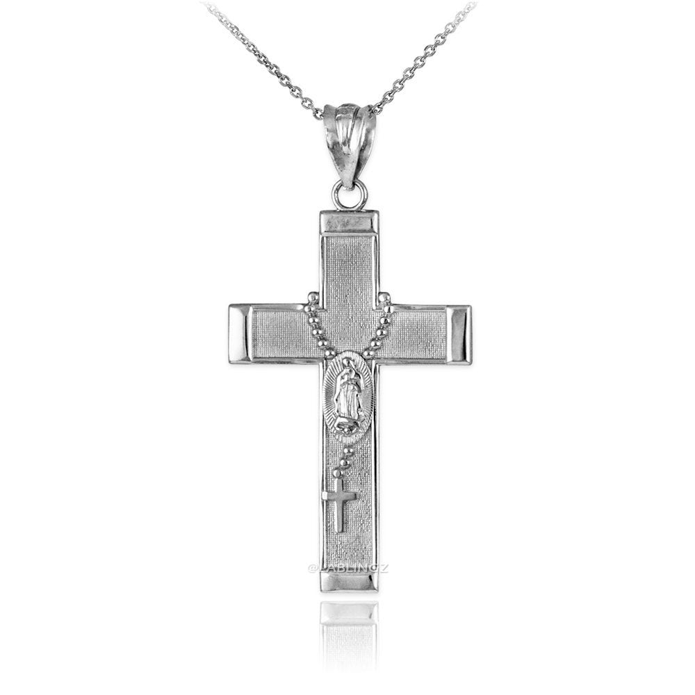 Gold Guadalupe Cross Rosary Pendant Necklace (10k, 14k, yellow, white, rose gold, two-tone gold) Karma Blingz