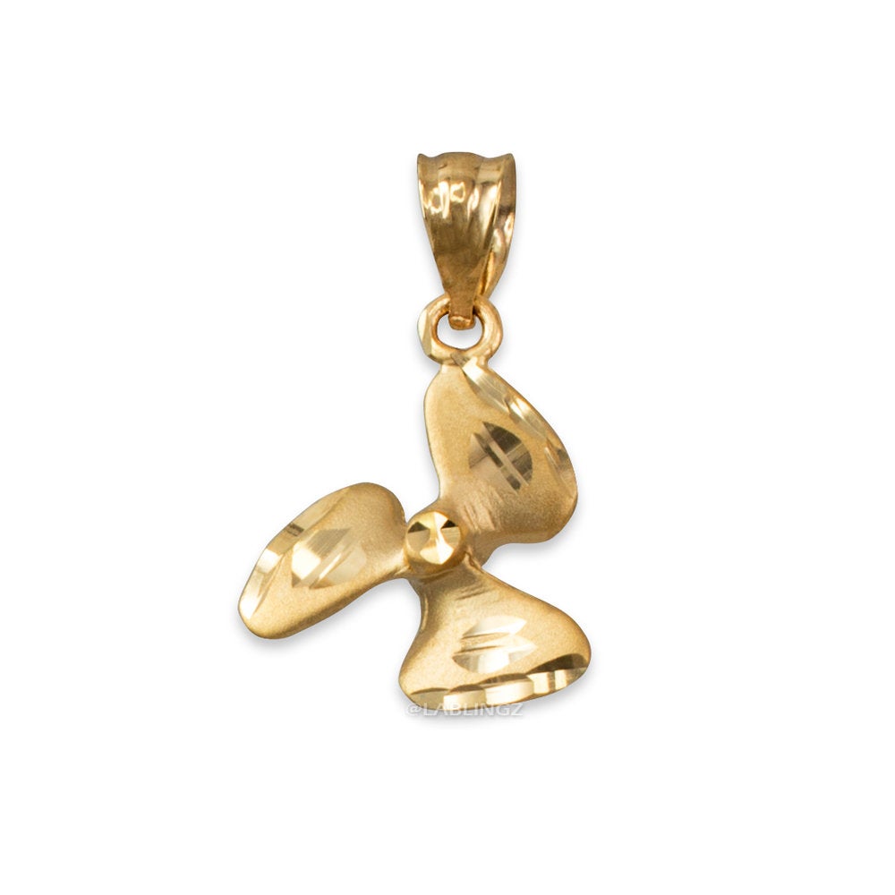 Gold Satin DC Rotor Propeller Charm Necklace (10K, 14K, yellow, white, rose gold) Karma Blingz