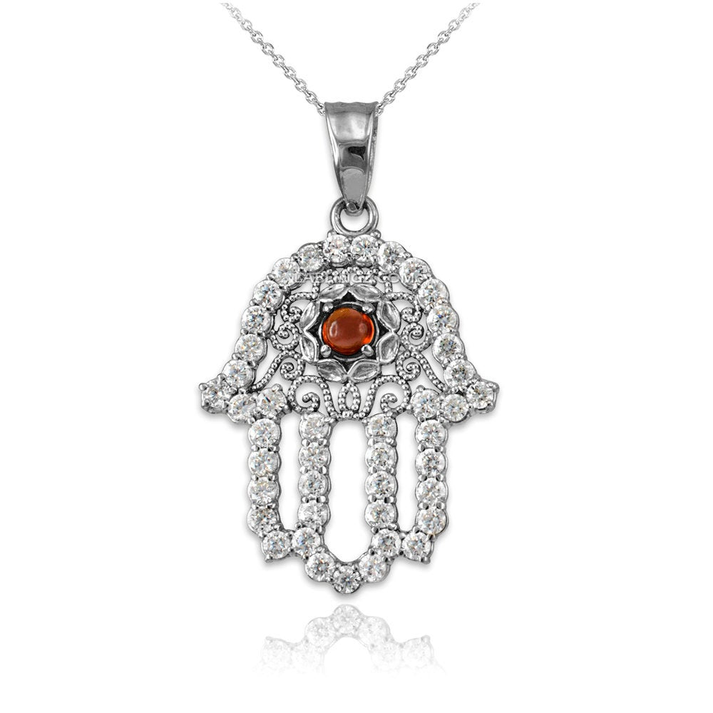 Diamond Studded Gold Filigree Genuine Garnet Hamsa Charm Necklace (10k, 14k, yellow, white, rose gold) Karma Blingz