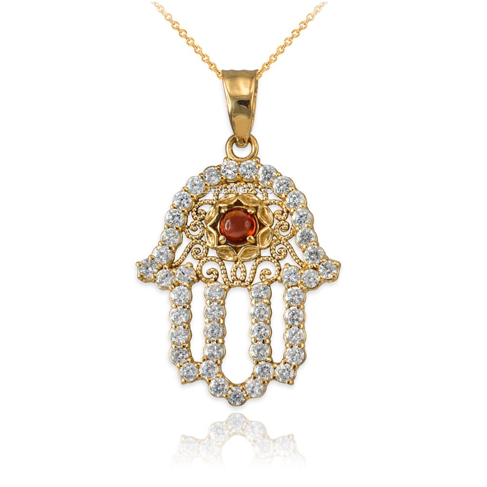 Diamond Studded Gold Filigree Genuine Garnet Hamsa Charm Necklace (10k, 14k, yellow, white, rose gold) Karma Blingz