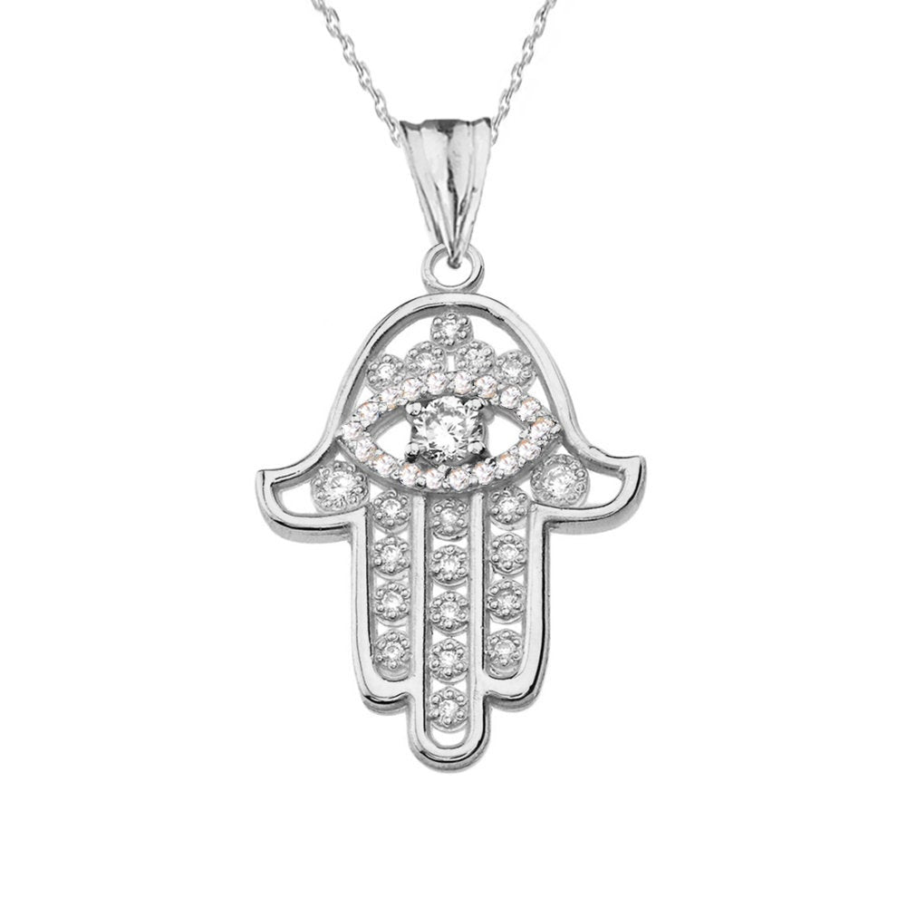 Diamond Studded Gold Hamsa Evil Eye Pendant Necklace (10k, 14k, yellow, white, rose gold) Karma Blingz