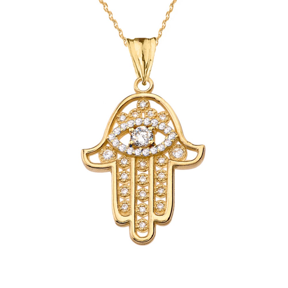 Diamond Studded Gold Hamsa Evil Eye Pendant Necklace (10k, 14k, yellow, white, rose gold) Karma Blingz