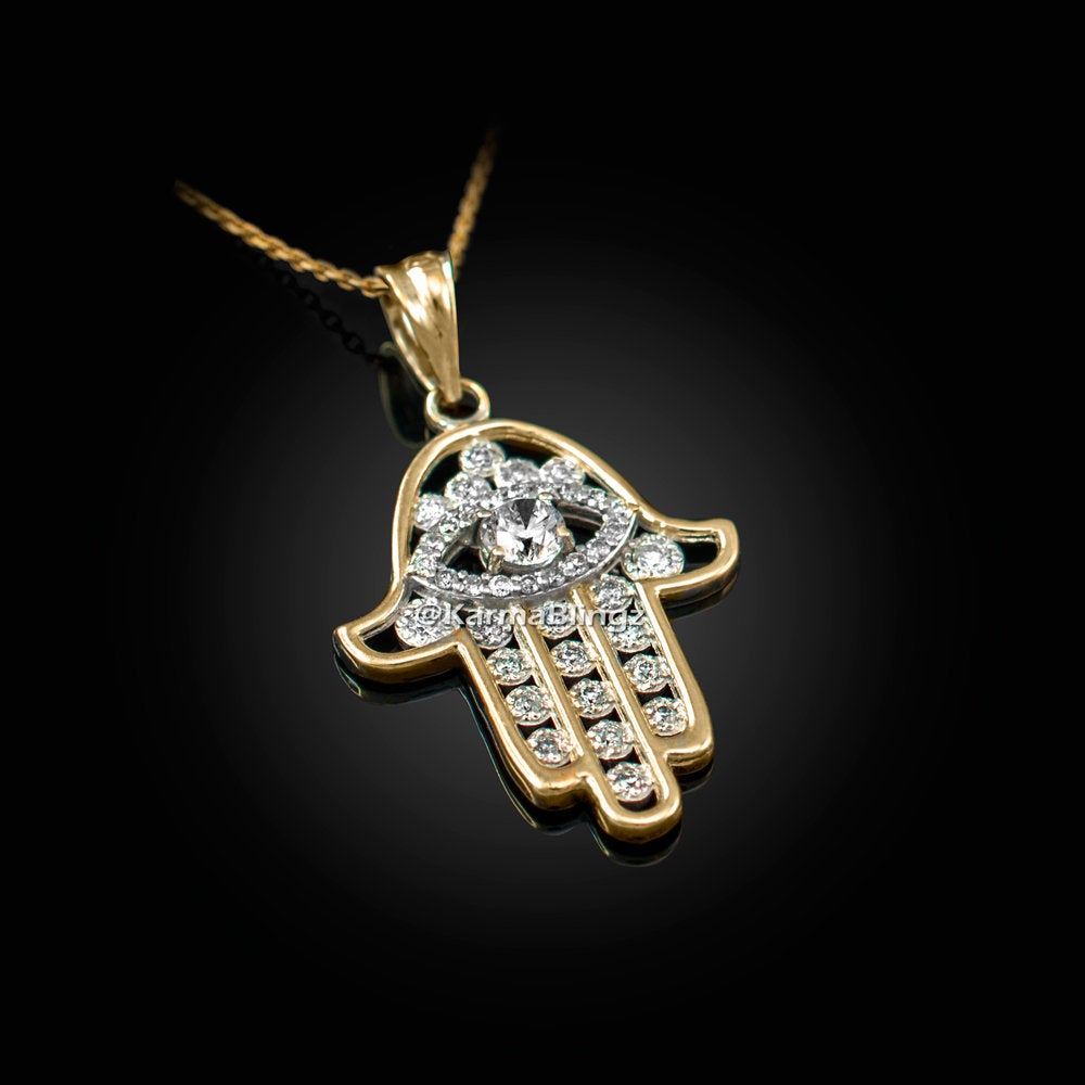 Diamond Studded Gold Hamsa Evil Eye Pendant Necklace (10k, 14k, yellow, white, rose gold) Karma Blingz