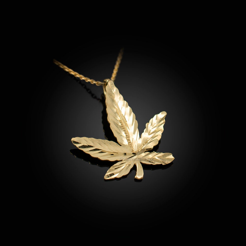 Gold Marijuana Leaf Cannabis Womens DC Charm Necklace (yellow, white, rose gold, 10k, 14k) Karma Blingz