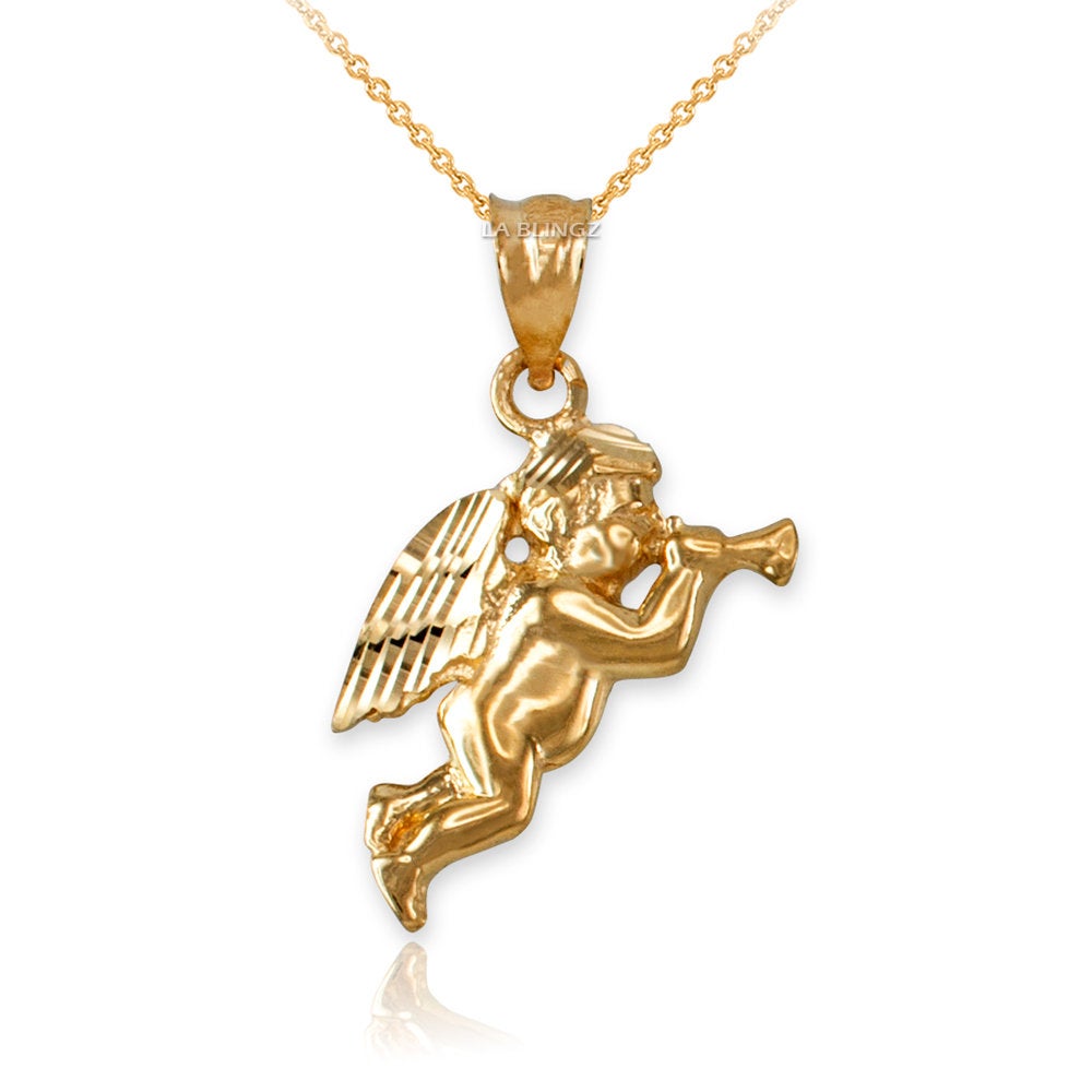 Polished Gold Trumpeting Angel DC Charm Necklace (yellow, white, rose gold, 10k, 14k) Karma Blingz