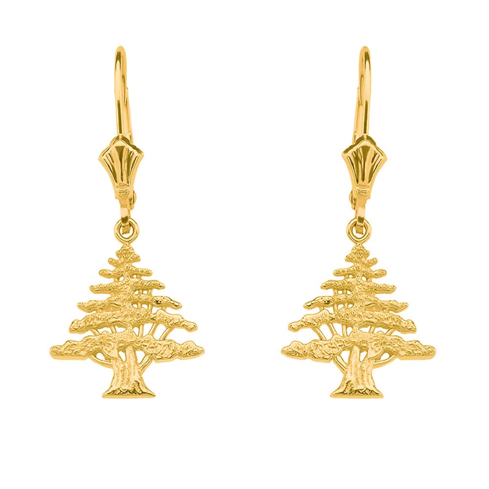 14K Gold Lebanese Cedar Tree Earrings (yellow, white, rose gold) Karma Blingz