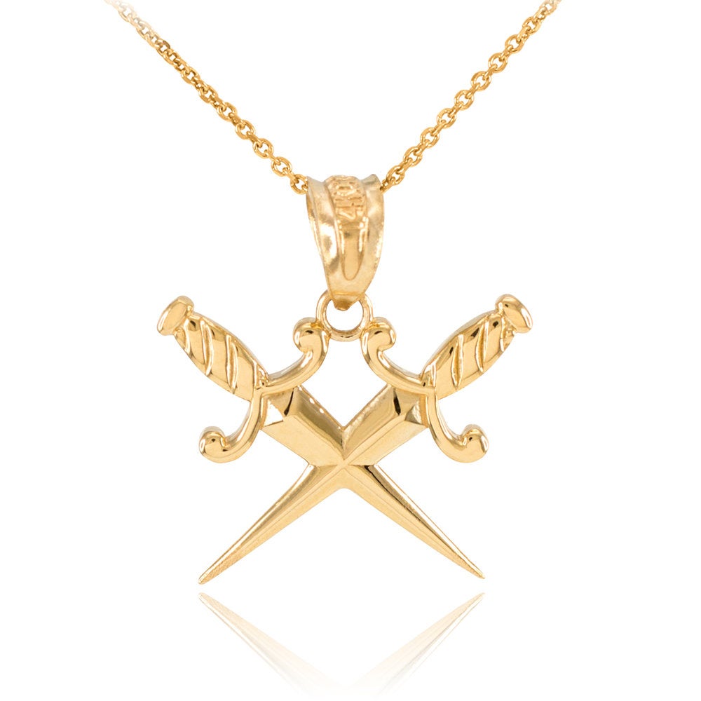 Gold Crossing Dagger Knives Charm Necklace (10k, 14k, white, yellow, rose gold) Karma Blingz
