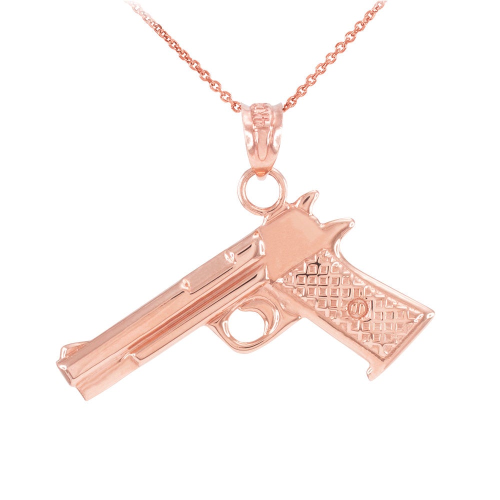 Solid Gold Pistol Gun Pendant Necklace (10k, 14k, yellow, white, rose gold) Karma Blingz