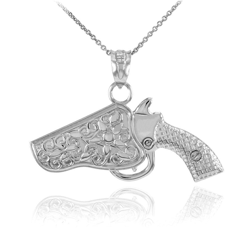 Solid Gold Revolver Pistol Gun Holster Pendant Necklace (10k, 14k, yellow, white, rose gold) Karma Blingz