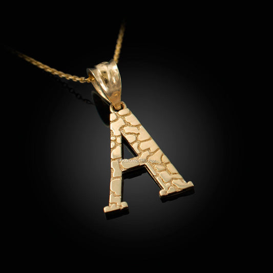 Gold Nugget Alphabet Initial Letter "A" Pendant Necklace (yellow, white, rose gold) Karma Blingz