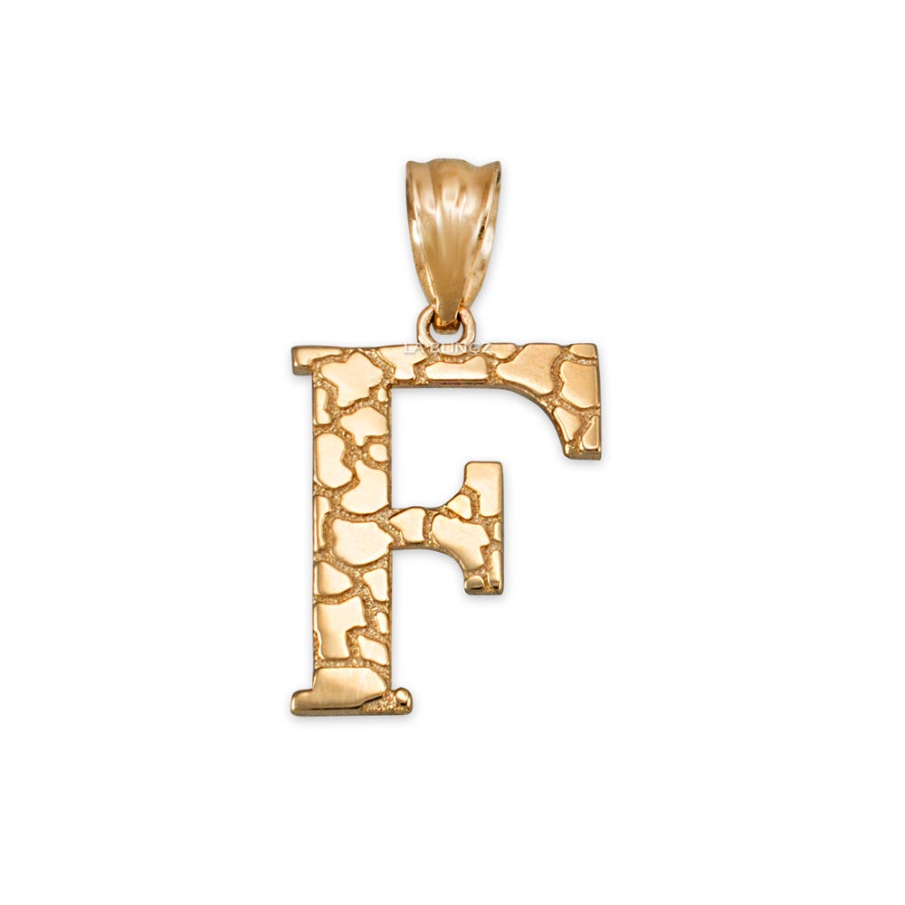 Gold Nugget Alphabet Initial Letter "F" Pendant Necklace (yellow, white, rose gold) Karma Blingz