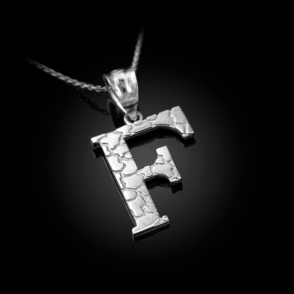 Sterling Silver Nugget Alphabet Initial Letter "F" Pendant Necklace Karma Blingz
