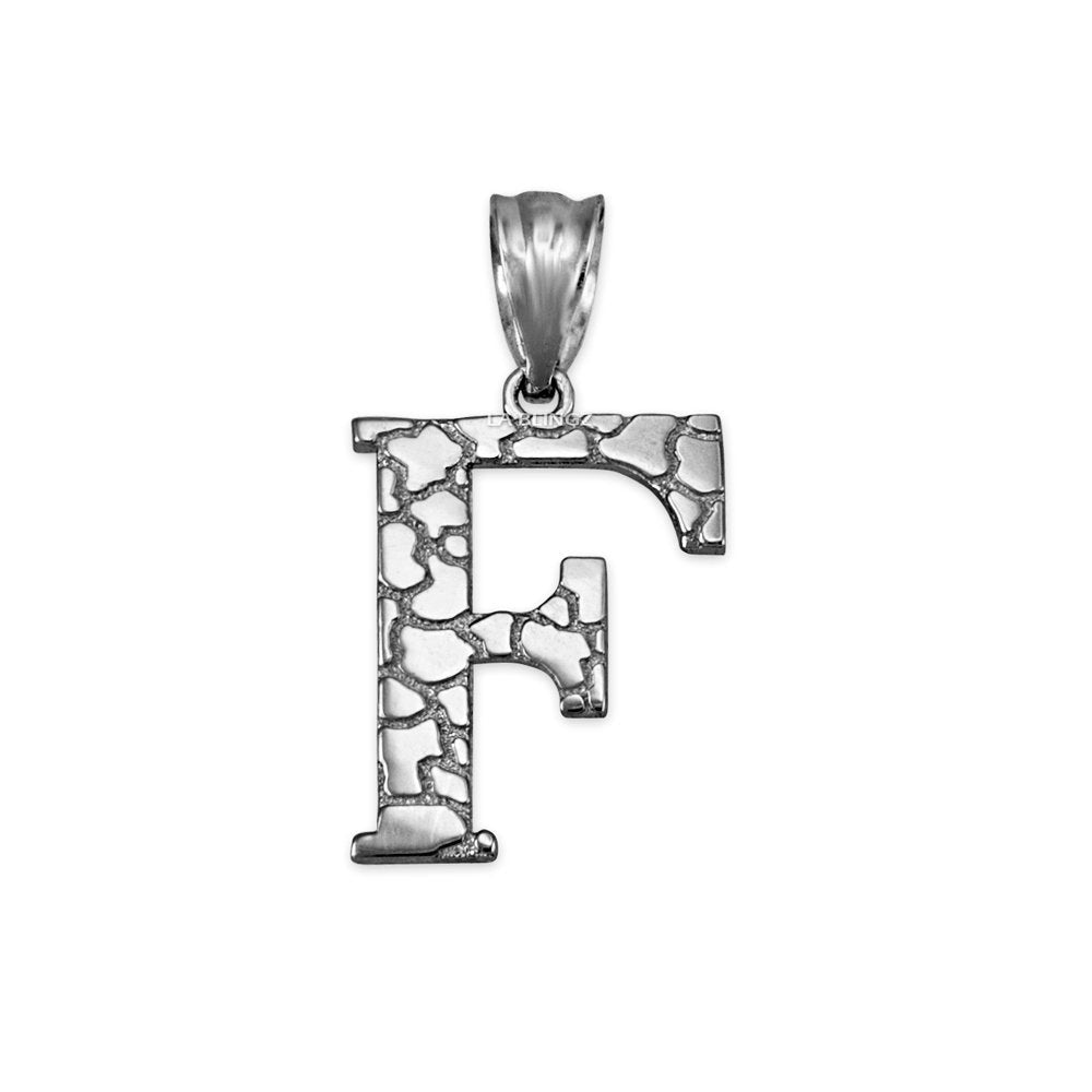Sterling Silver Nugget Alphabet Initial Letter "F" Pendant Necklace Karma Blingz