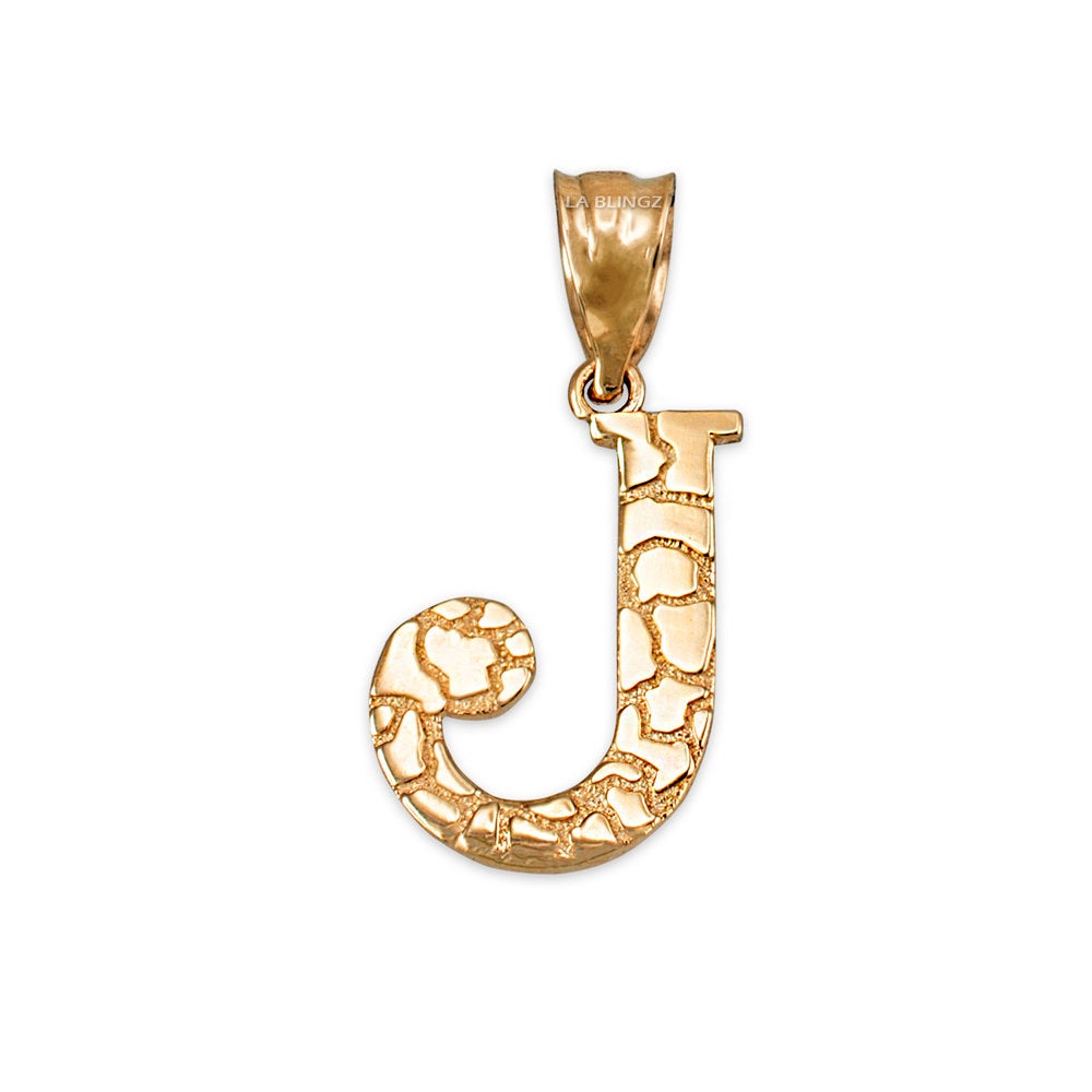 Gold Nugget Alphabet Initial Letter "J" Pendant Necklace (yellow, white, rose gold) Karma Blingz