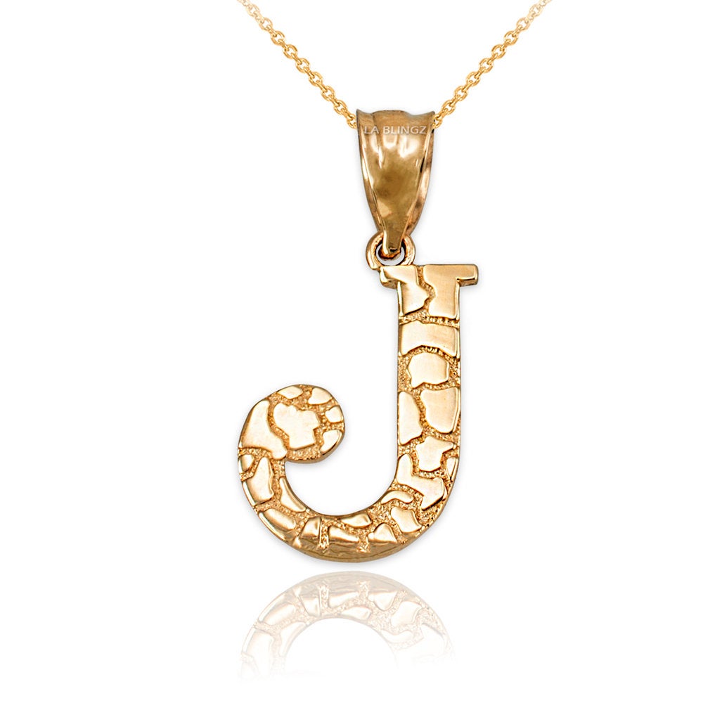 Gold Nugget Alphabet Initial Letter "J" Pendant Necklace (yellow, white, rose gold) Karma Blingz
