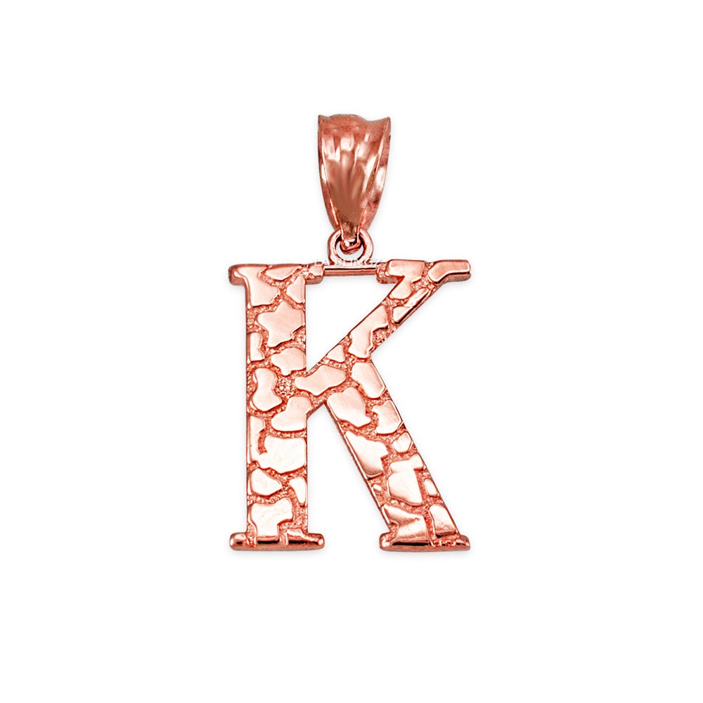 Gold Nugget Alphabet Initial Letter "K" Pendant Necklace (yellow, white, rose gold) Karma Blingz
