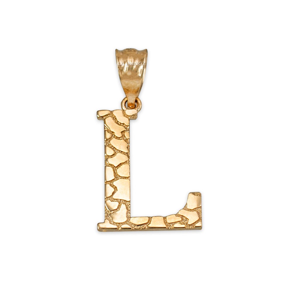 Gold Nugget Alphabet Initial Letter "L" Pendant Necklace (yellow, white, rose gold) Karma Blingz