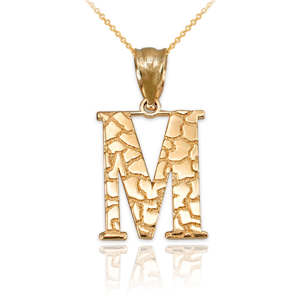 Gold Nugget Alphabet Initial Letter "M" Pendant Necklace (yellow, white, rose gold) Karma Blingz