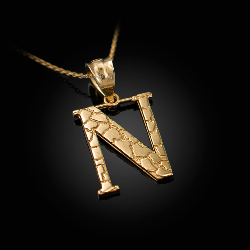 Gold Nugget Alphabet Initial Letter "N" Pendant Necklace (yellow, white, rose gold) Karma Blingz
