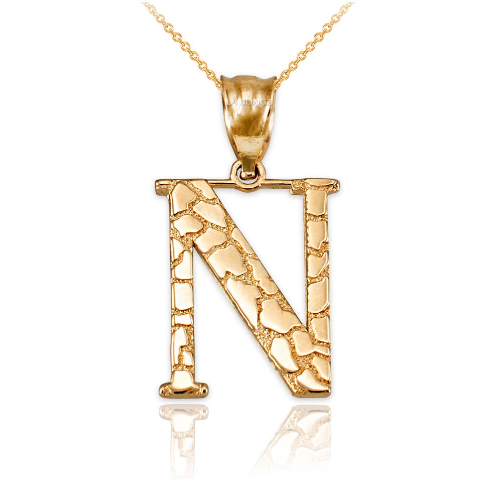 Gold Nugget Alphabet Initial Letter "N" Pendant Necklace (yellow, white, rose gold) Karma Blingz
