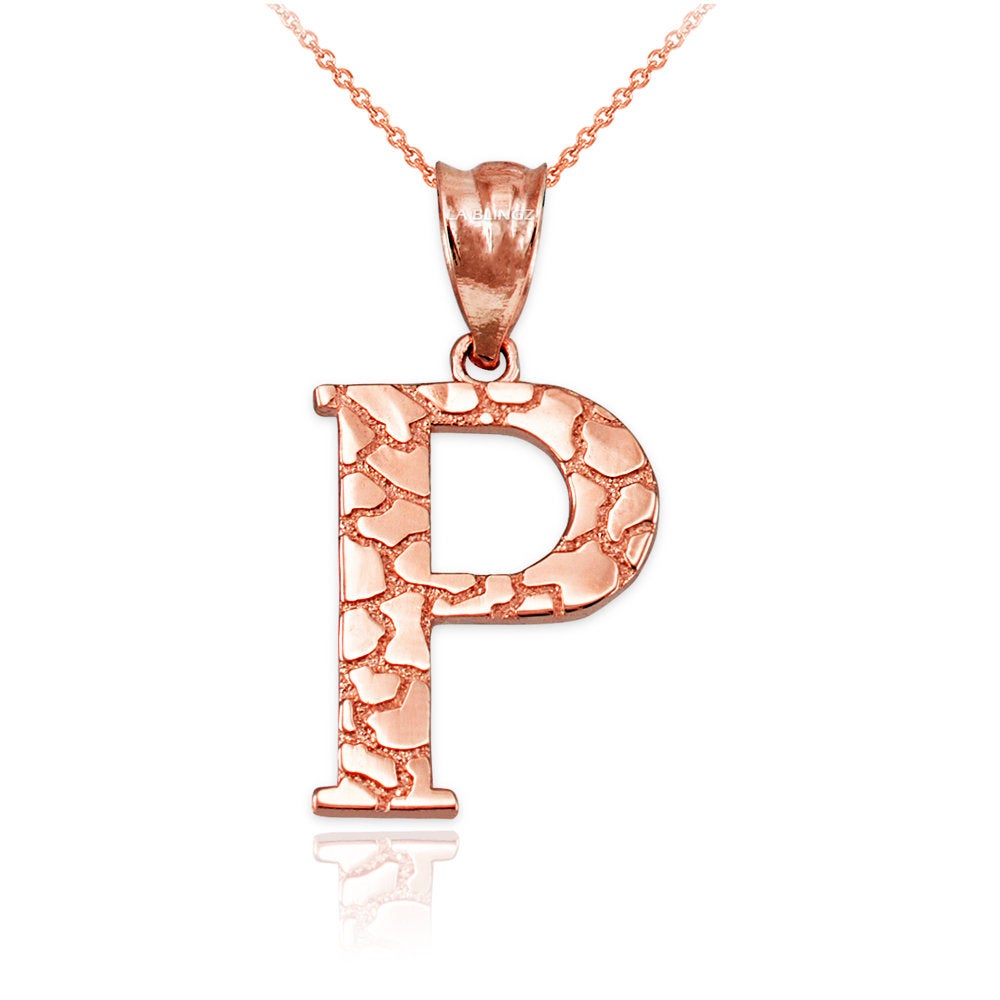 Gold Nugget Alphabet Initial Letter "P" Pendant Necklace (yellow, white, rose gold) Karma Blingz