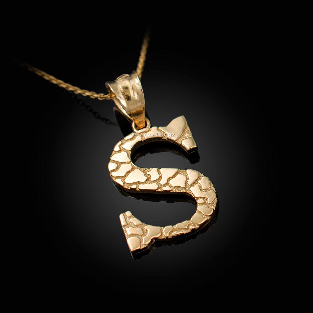 Gold Nugget Alphabet Initial Letter "S" Pendant Necklace (yellow, white, rose gold) Karma Blingz
