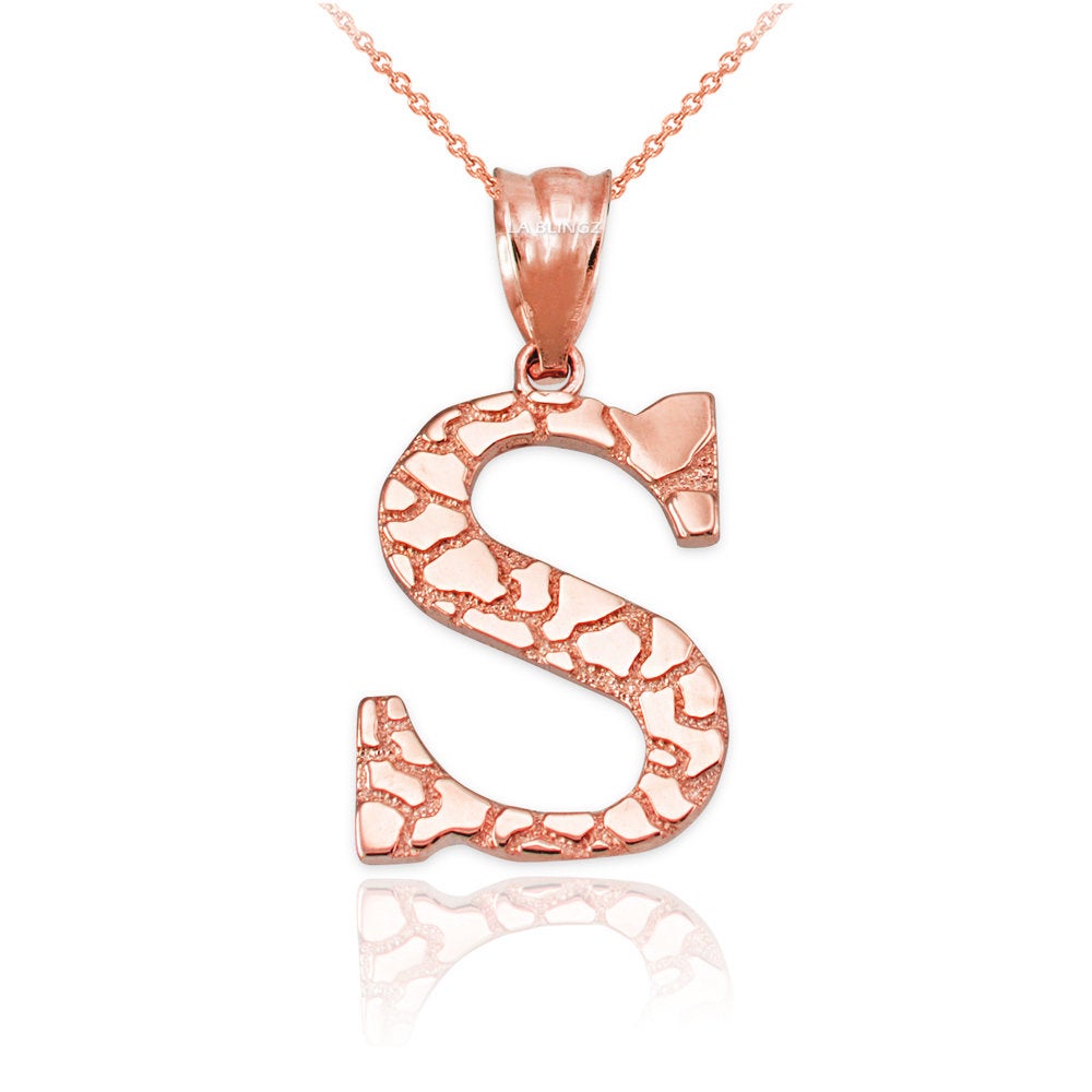 Gold Nugget Alphabet Initial Letter "S" Pendant Necklace (yellow, white, rose gold) Karma Blingz