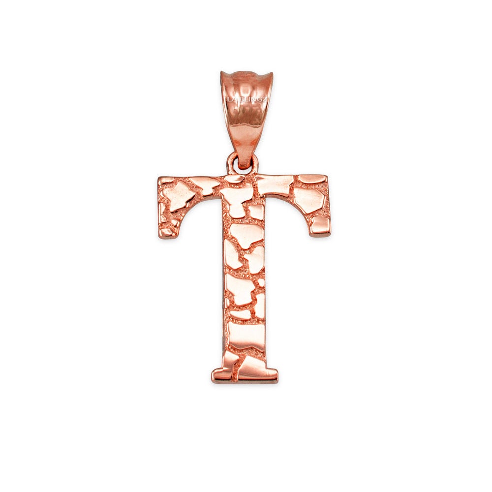 Gold Nugget Alphabet Initial Letter "T" Pendant Necklace (yellow, white, rose gold) Karma Blingz