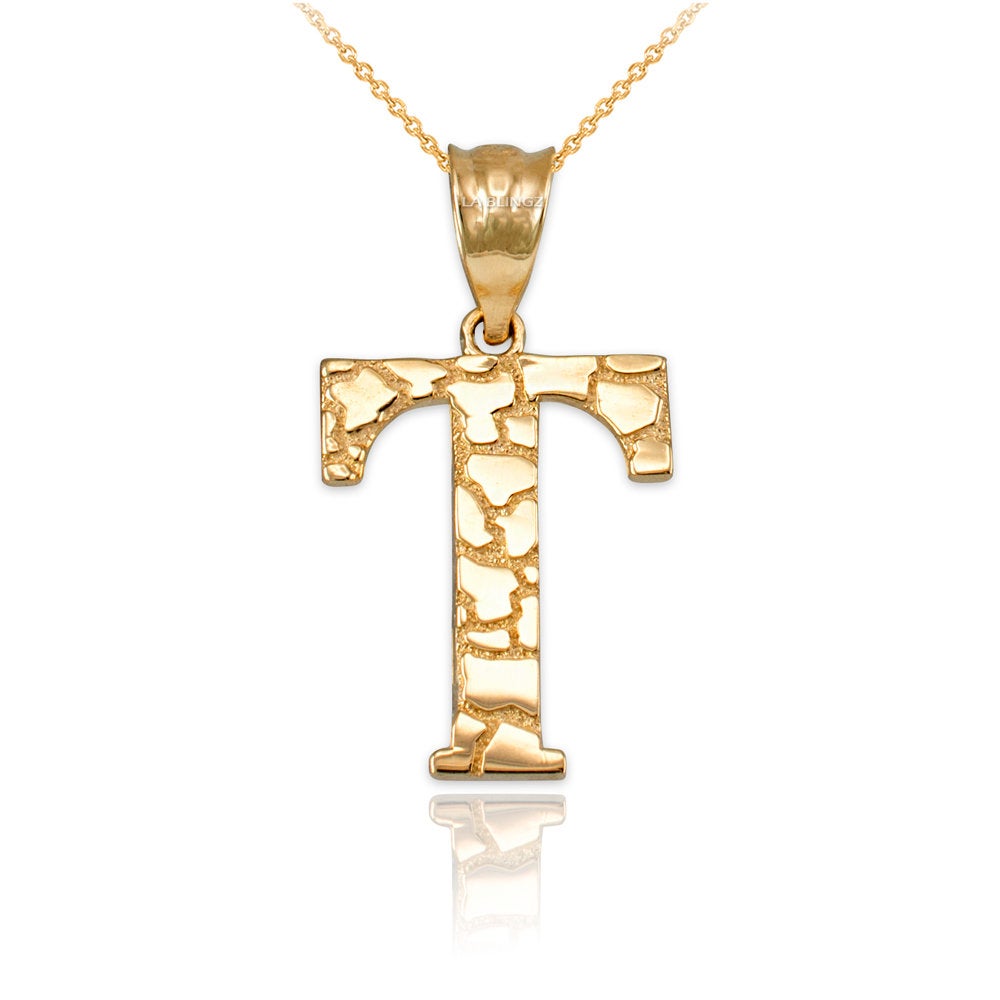 Gold Nugget Alphabet Initial Letter "T" Pendant Necklace (yellow, white, rose gold) Karma Blingz