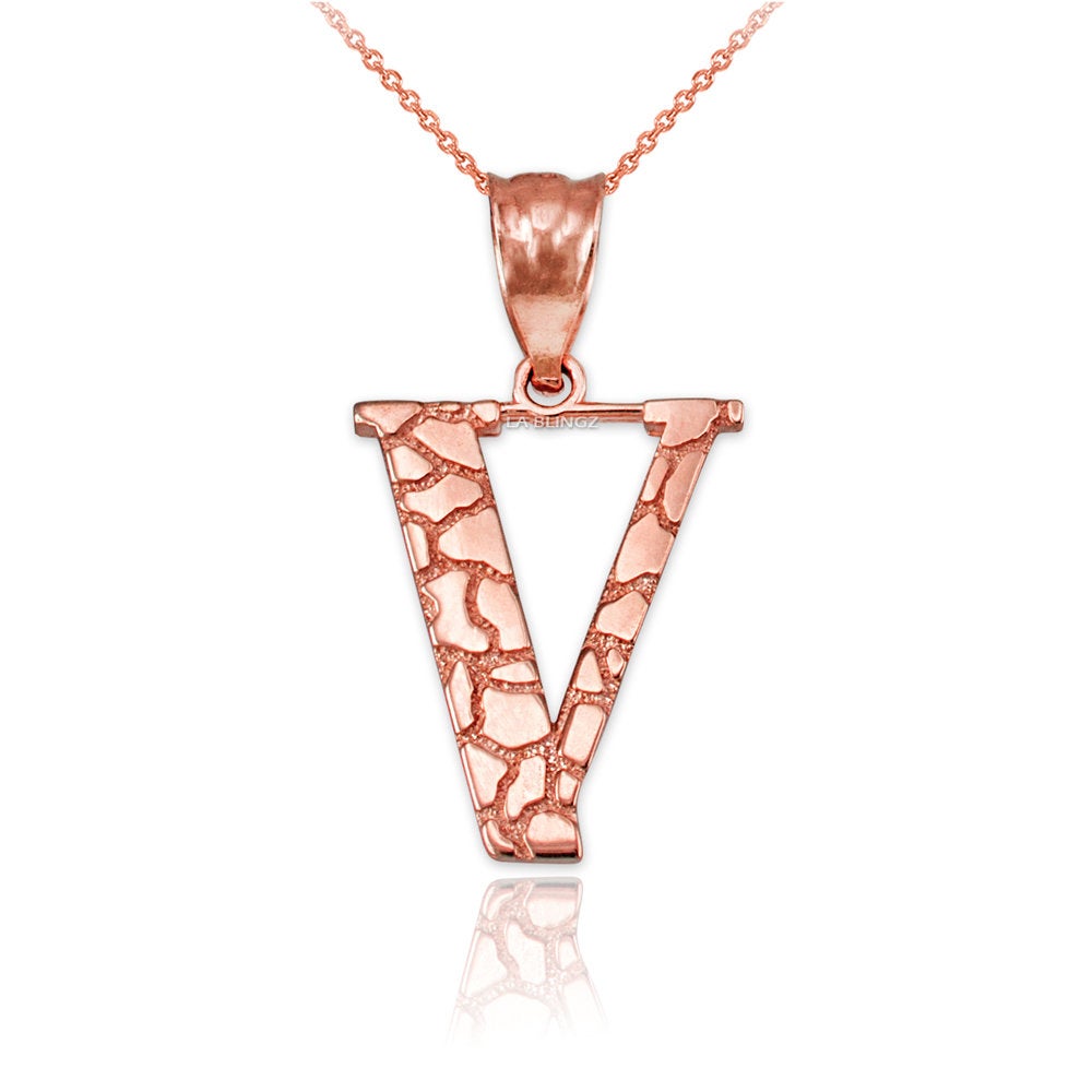 Gold Nugget Alphabet Initial Letter "V" Pendant Necklace (yellow, white, rose gold) Karma Blingz