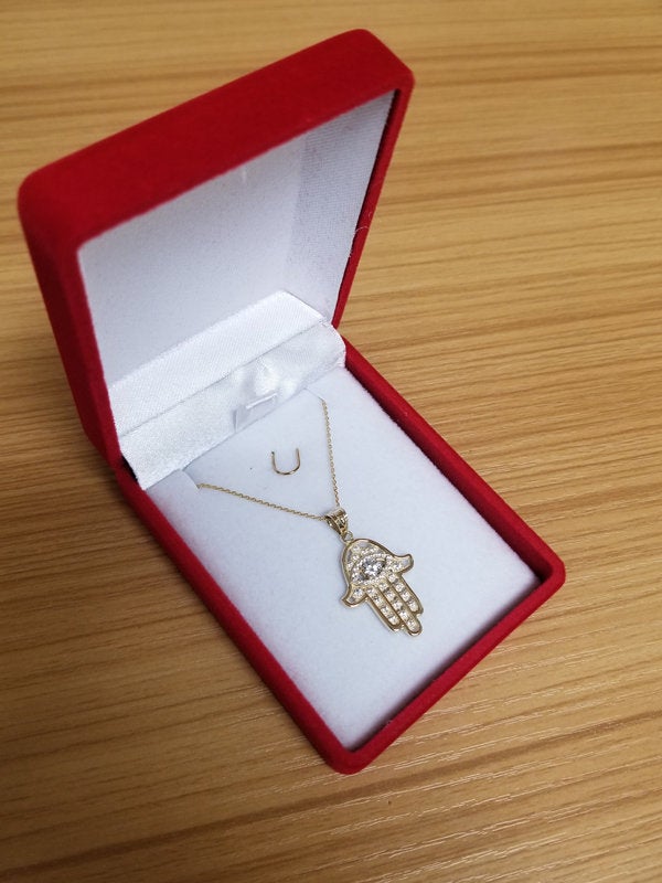 Diamond Studded Gold Hamsa Evil Eye Pendant Necklace (10k, 14k, yellow, white, rose gold) Karma Blingz