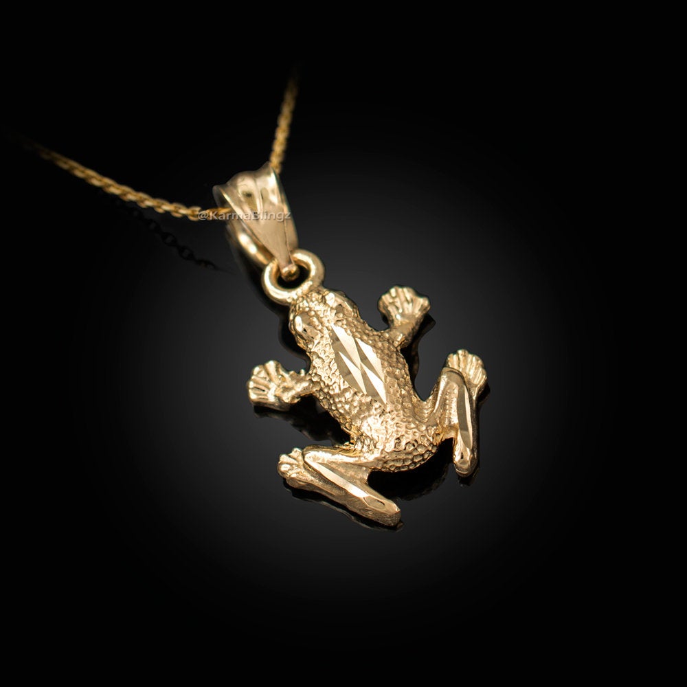 Gold Textured DC Frog Charm Necklace (yellow, white, rose gold, 10k, 14k) Karma Blingz