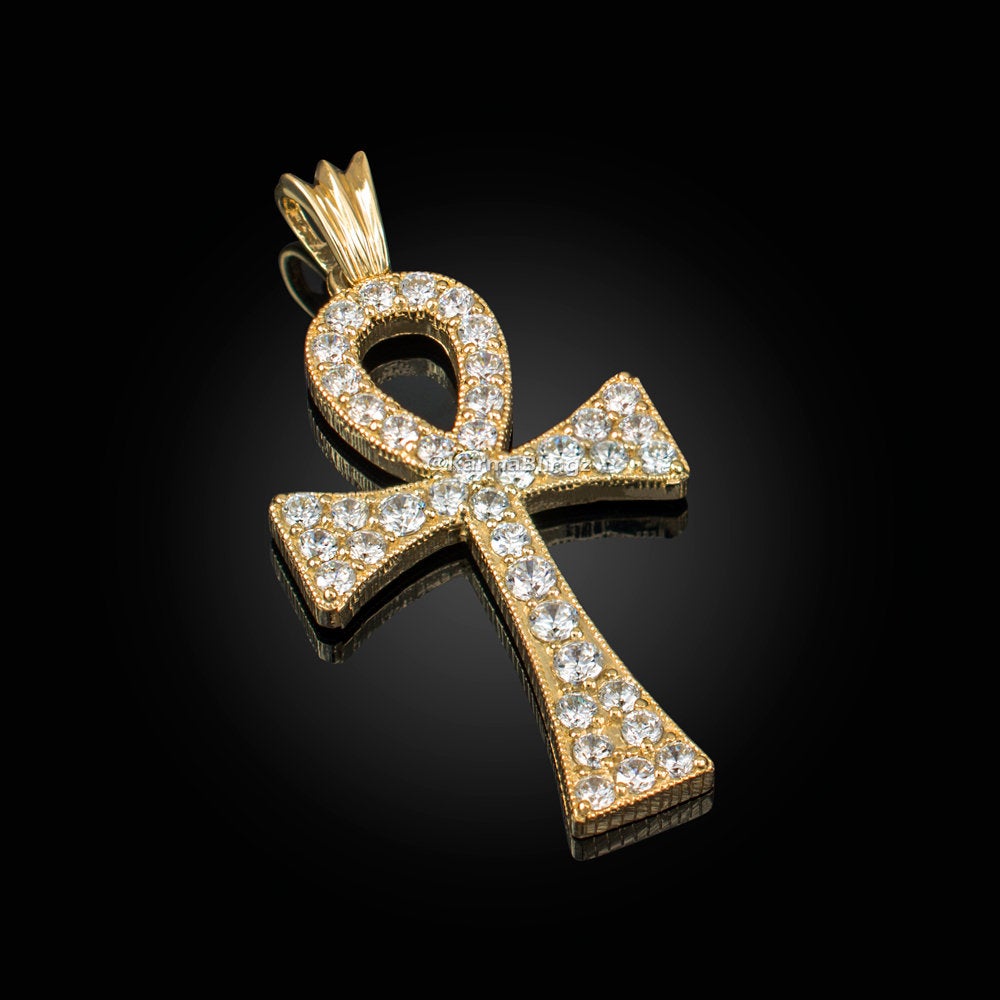Iced Gold Egyptian Ankh Cross CZ Pendant (10k, 14k, yellow, white, rose gold) Karma Blingz