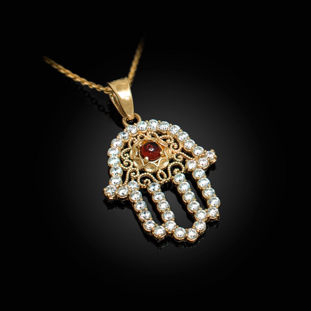 Diamond Studded Gold Filigree Genuine Garnet Hamsa Charm Necklace (10k, 14k, yellow, white, rose gold) Karma Blingz