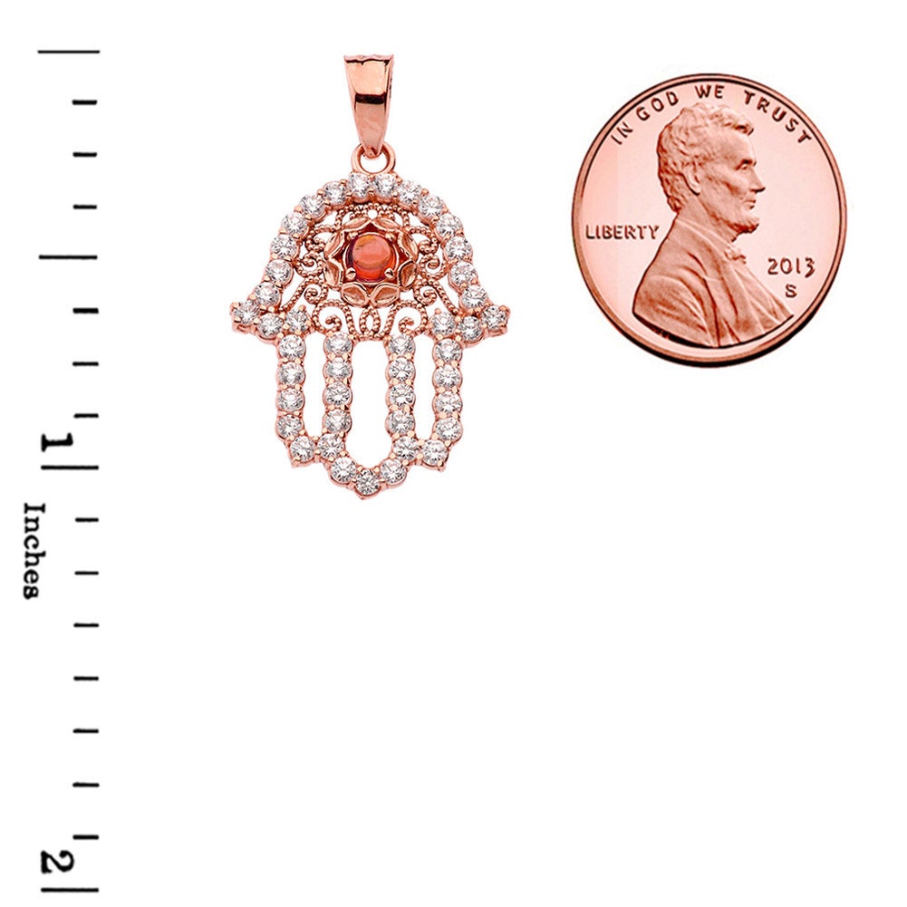Diamond Studded Gold Filigree Genuine Garnet Hamsa Charm Necklace (10k, 14k, yellow, white, rose gold) Karma Blingz